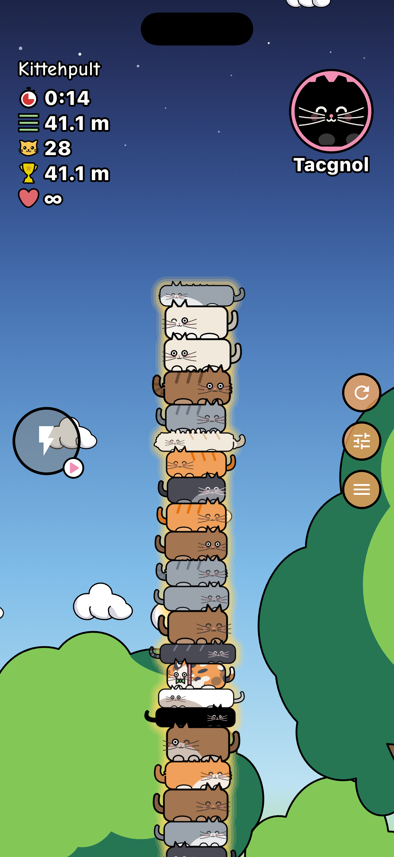 A tall stack of cats climbing past the clouds